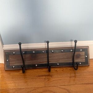 Rustic Wooden Wall Hook with Black Metal Detail